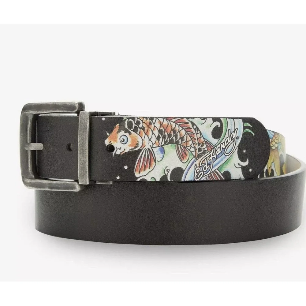 Ed Hardy Mens Skull Fish Reversible Belt Size 32 NWT